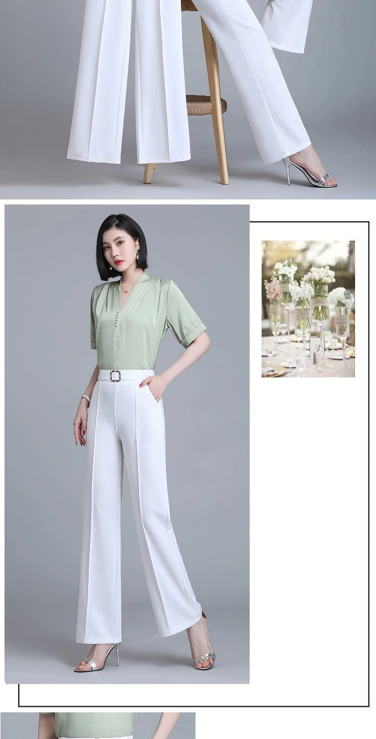 Khaki High-Waist Ice Silk Wide-Leg Trousers - Summer Design, Elegant Elastic Waist Baggy Pants for Women