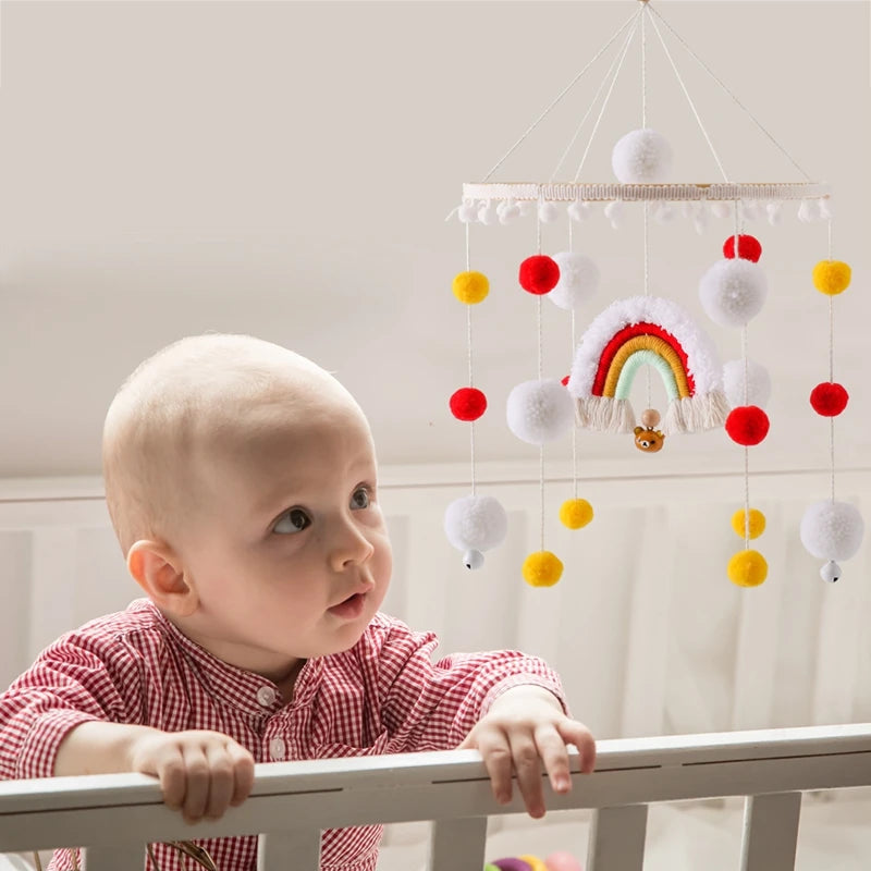 Baby Rainbow Bed Bell - Wooden Mobile with Music Rattle