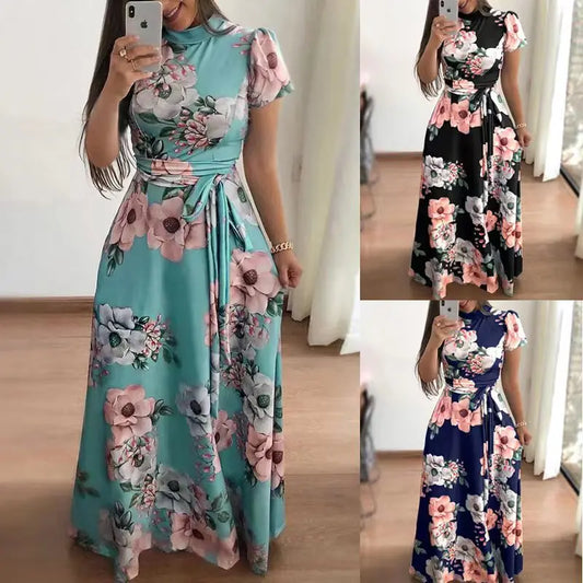 Women's Summer Long Flower Print Dress Casual Short Sleeve High Collar Bandage S-5XL