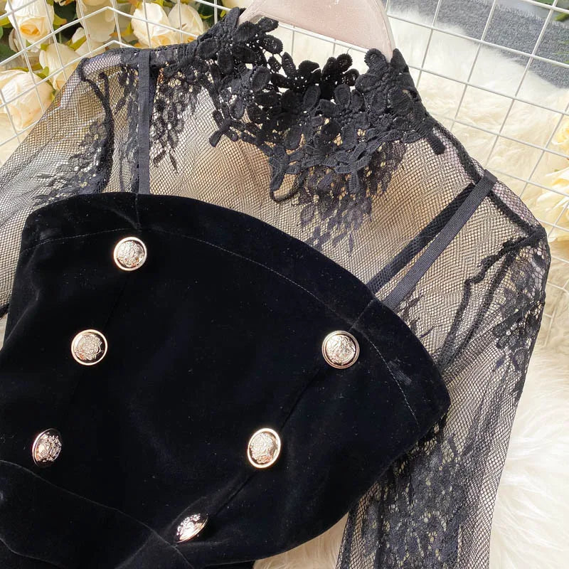 Puff Sleeve Lace Double Breasted Boho Jumpsuit for Women