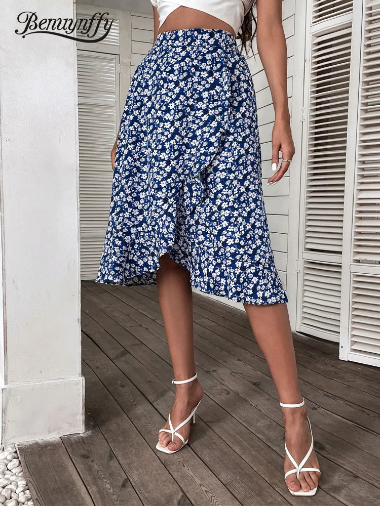 Benuynffy Floral Print Ruffle Trim Midi Skirt - Summer Boho A-Line