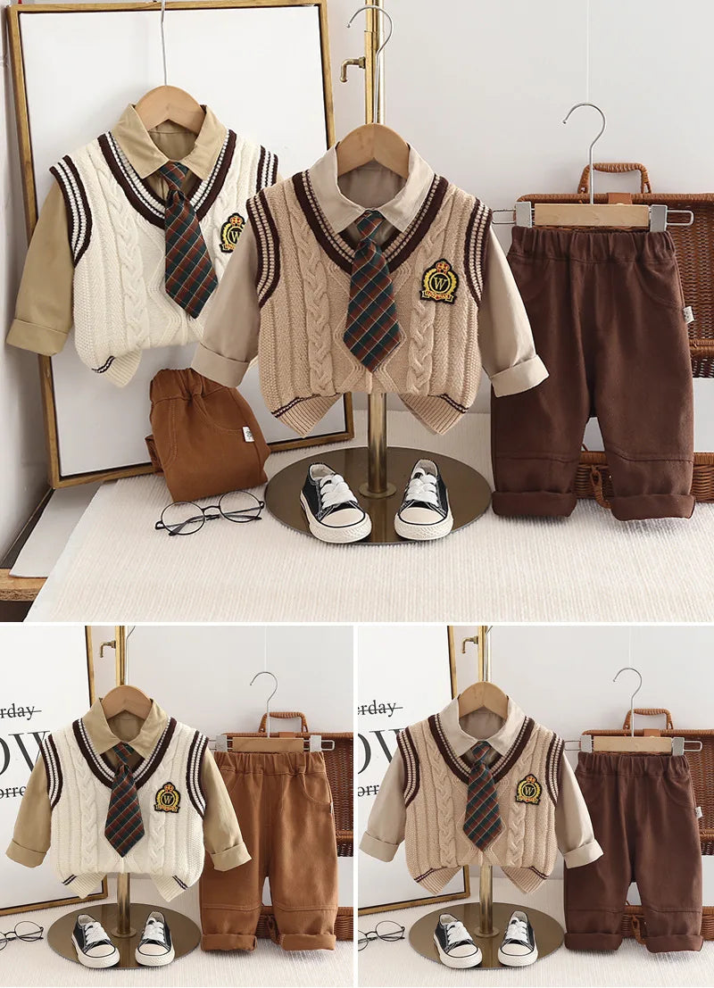 Autumn Preppy Style 3PCS Boys Outfit - Cotton Shirt, Knitted Vest & Pants Set
