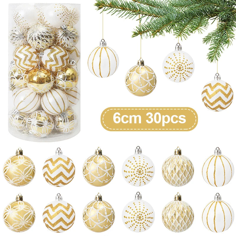 30PCS 6cm Gold White Christmas Balls – Tree Ornaments for Xmas, New Year, and Party Decorations
