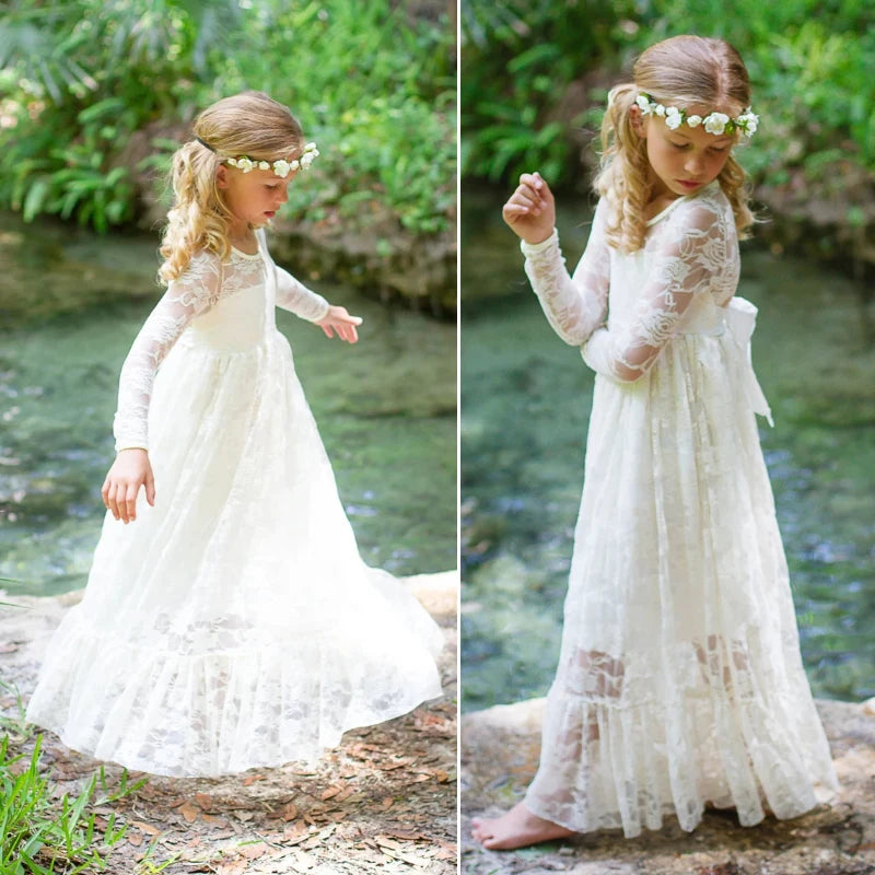 Flower Girl Dress: Long Sleeve White & Beige Summer Dress