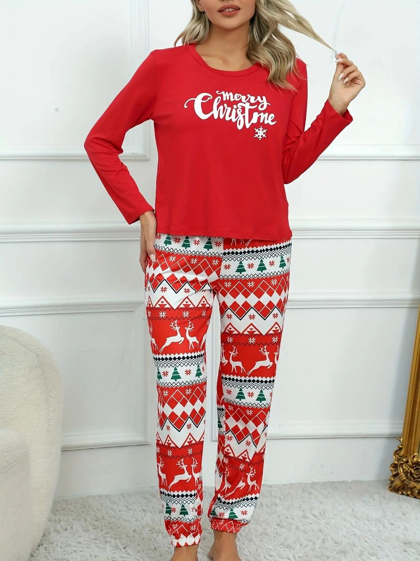 2Pcs Women's Christmas Print Long Sleeve Pajama Set