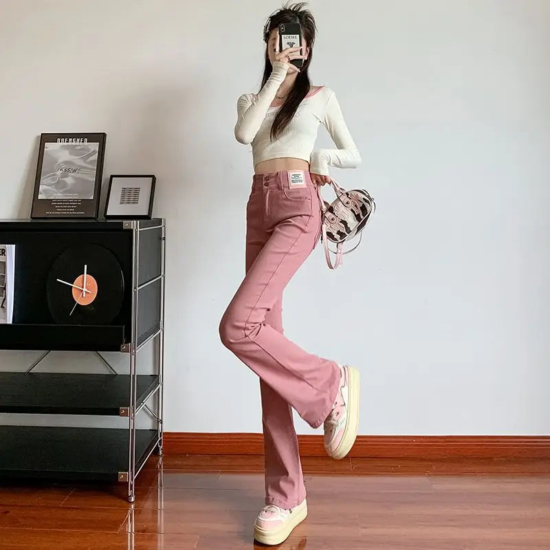 Women's Summer High-Waist Flare Pants – Slim Fit, Elastic, Solid Color with Button, Zipper, and Pockets.