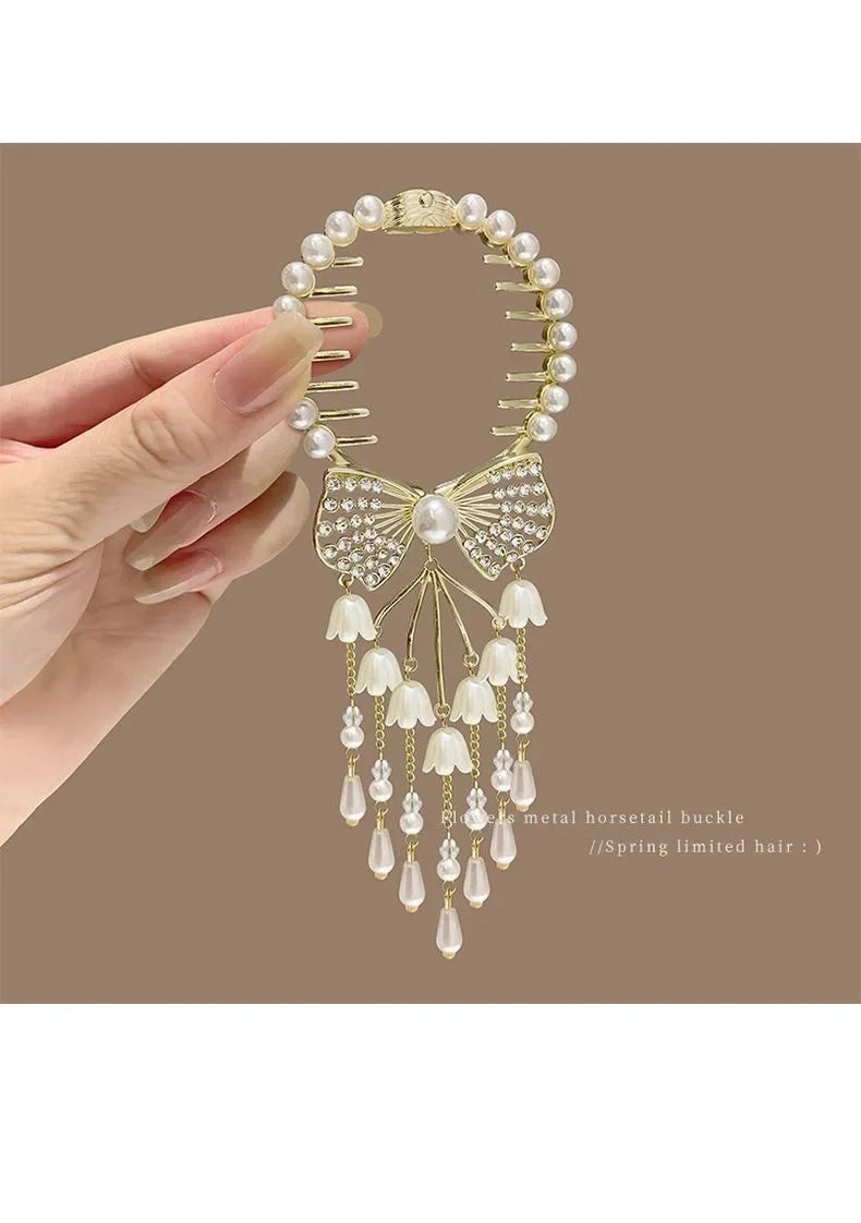 Elegant Women’s Hair Claw with Pearl & Rhinestone Tassels - Ponytail Buckle Hair Clip