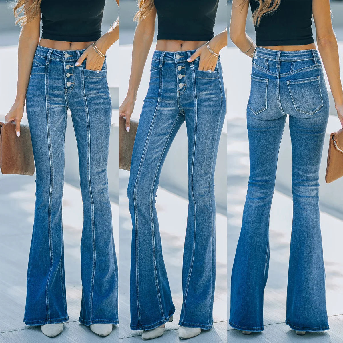 Women's Slim-Fit Micro-Flared Jeans – Casual Multi-Button, Washed, Autumn/Winter Commuting Pants.