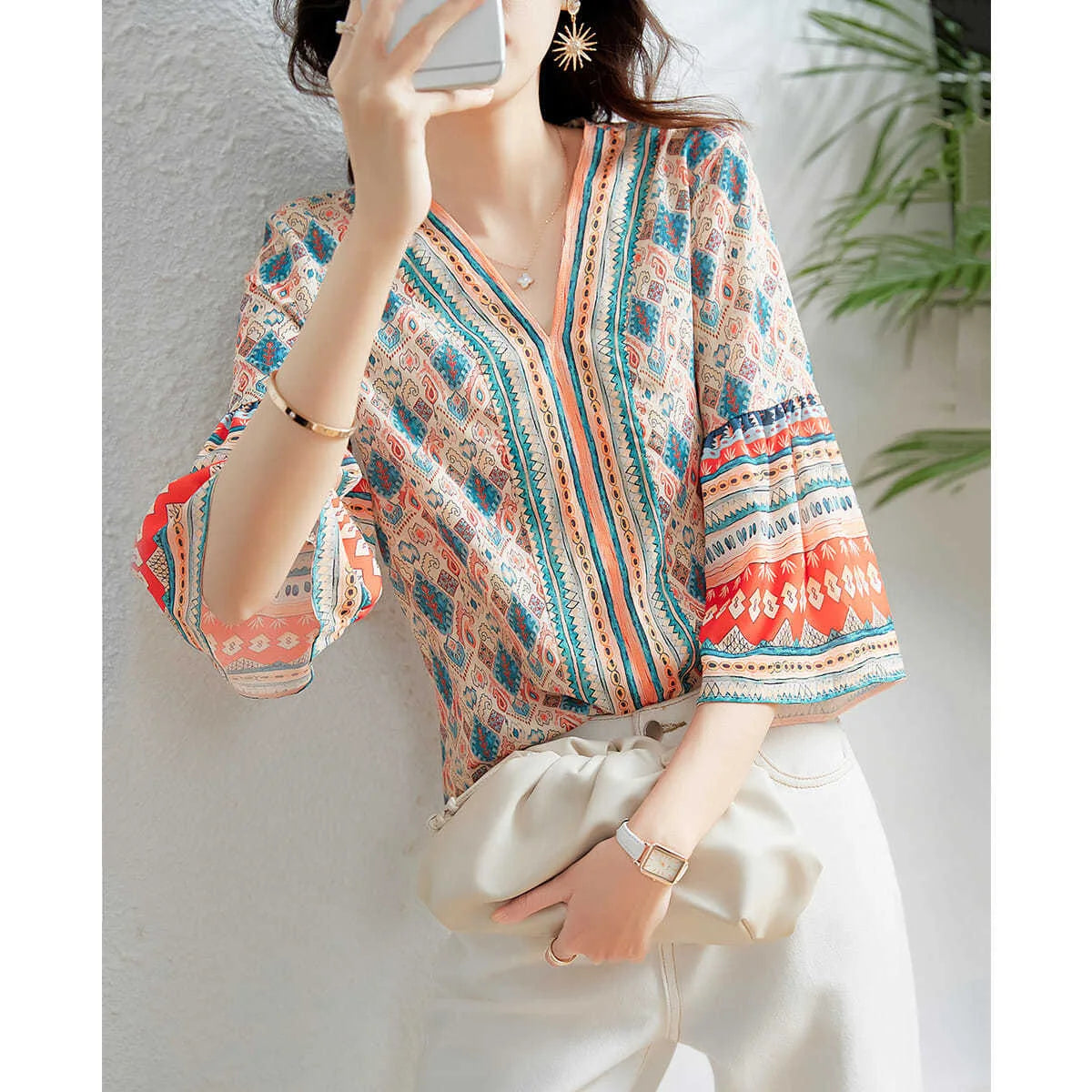 Vintage Style V-Neck Chiffon Blouse – Half Flare Sleeve, Printed Casual Top