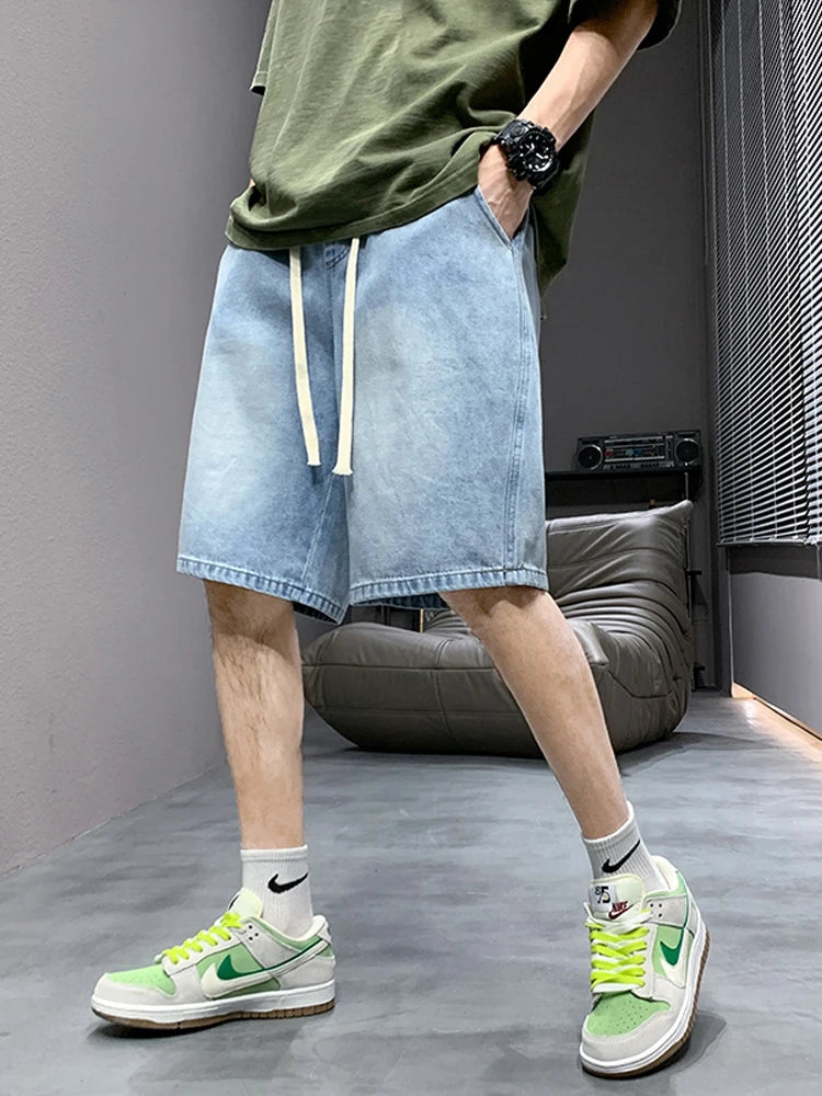 Summer Denim Shorts Men Korean Fashion Washed Cotton Baggy Drawstring Casual Shorts