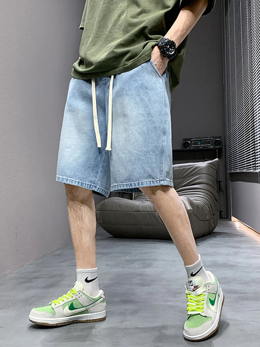 Summer Denim Shorts Men Korean Fashion Washed Cotton Baggy Drawstring Casual Shorts
