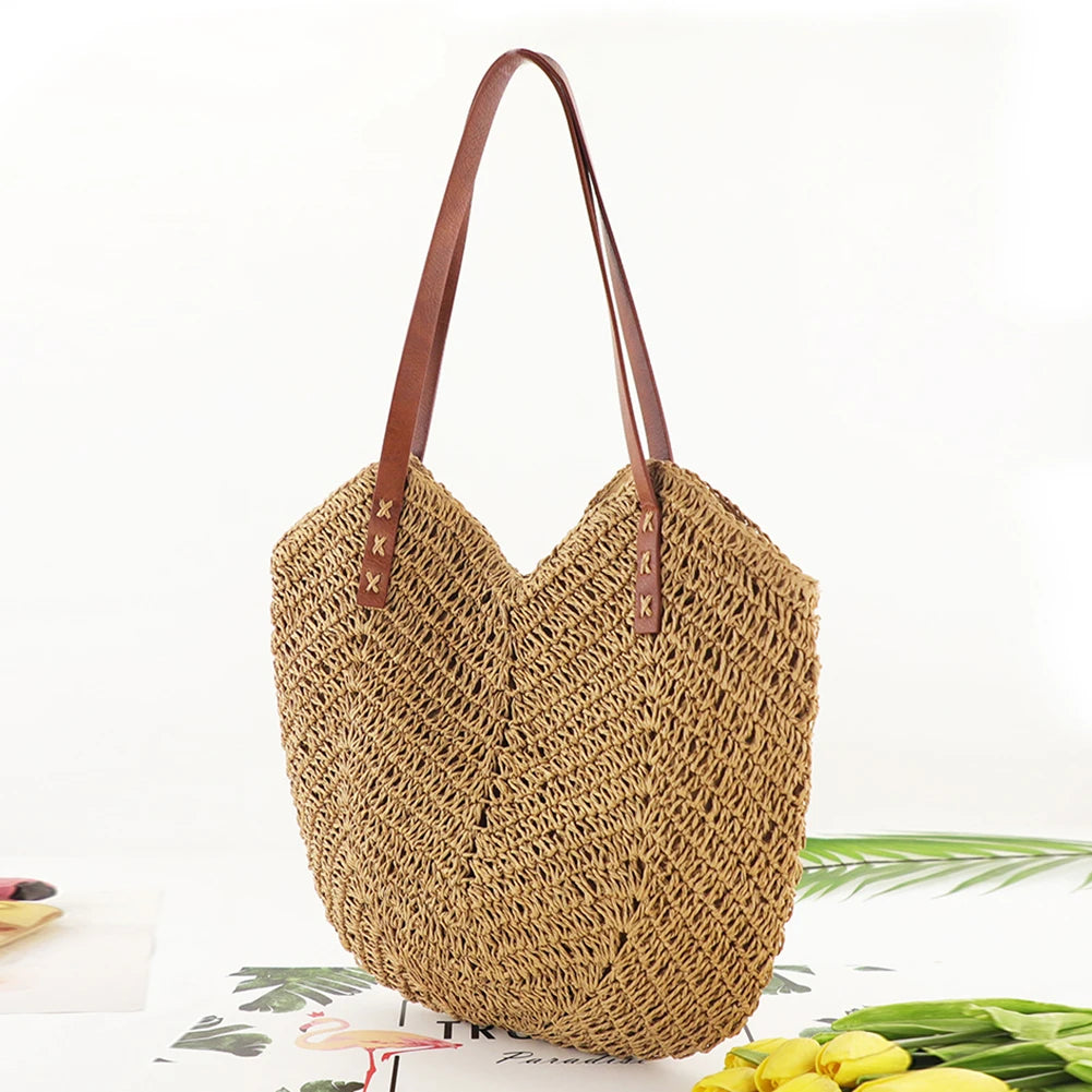 Summer Straw Woven Shoulder Bag: Vacation Tote for Travel and Shopping