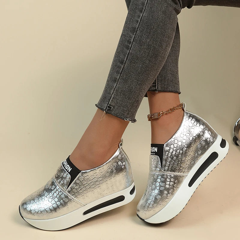 Women's Gold & Silver Patent Leather Platform Sneakers