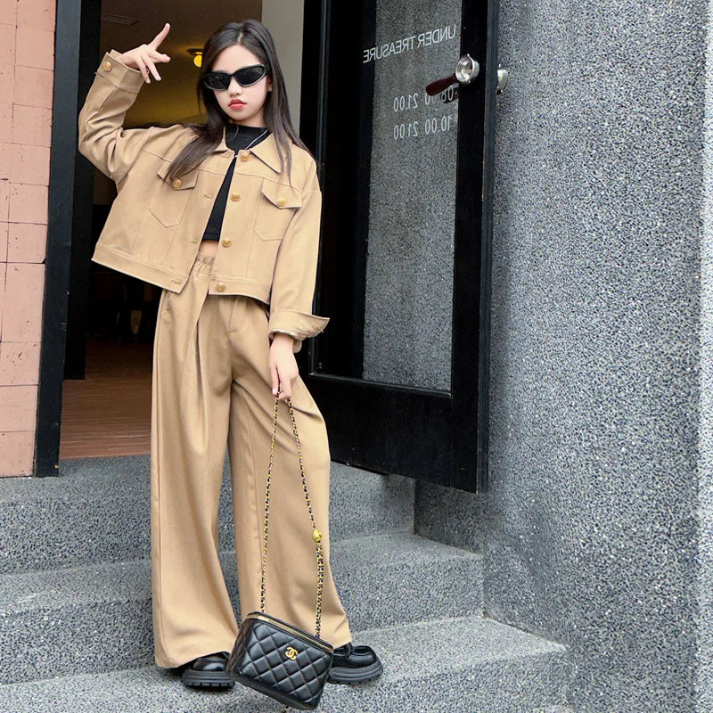 Autumn Girls' 2-Piece Set: Short Jacket & Wide Leg Pants for School