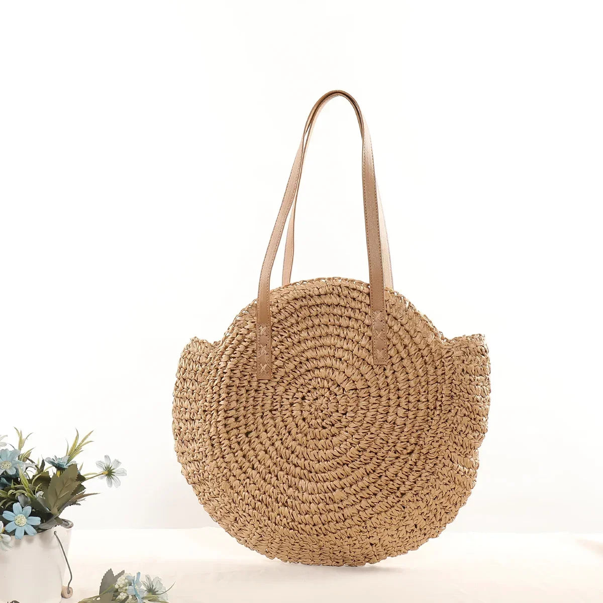 Vintage Round Straw Beach Bag – Handmade Rattan Shoulder Bag, Bohemian Summer Casual Style