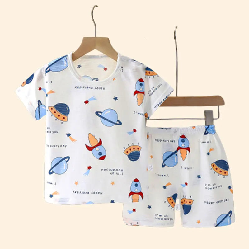 Summer Cotton Kids Sleepwear Set – Short Sleeve T-Shirt & Shorts for Boys & Girls