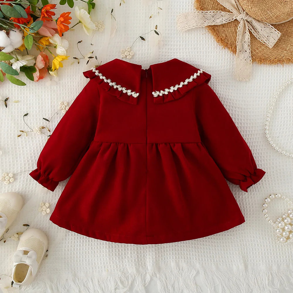 Baby Girl Long Sleeve Dress - Autumn Red Cotton Dress