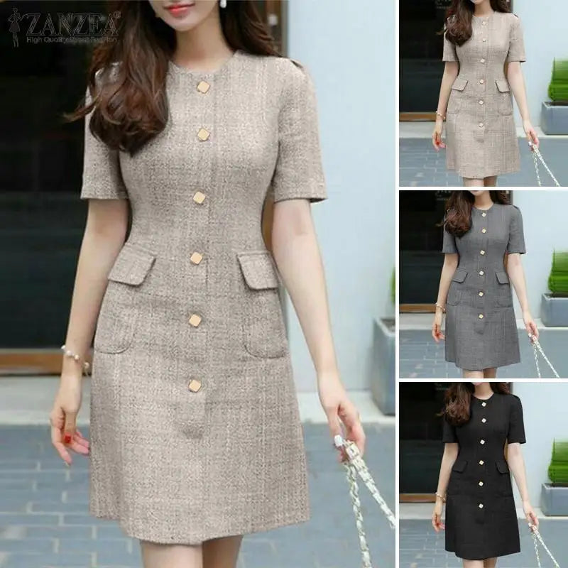 Summer Dress Women O Neck Short Sleeve Button-Up Sundress Vintage Party Dress