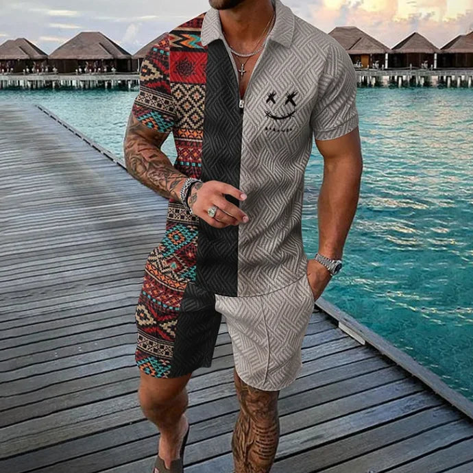 Men's 3D Print Summer Tracksuit - Short Sleeve Polo Jogging Set