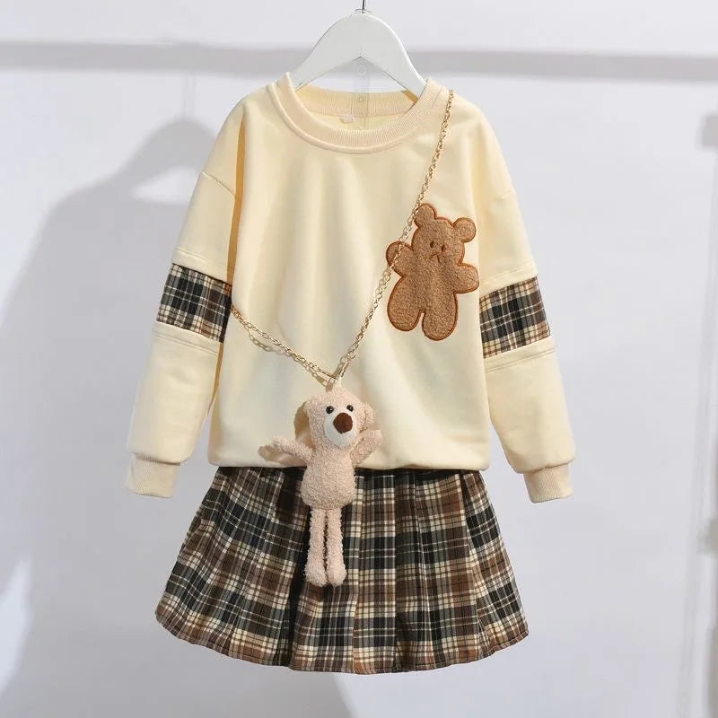 Adorable Bear Sweatshirt & Plaid Skirt Set for Girls