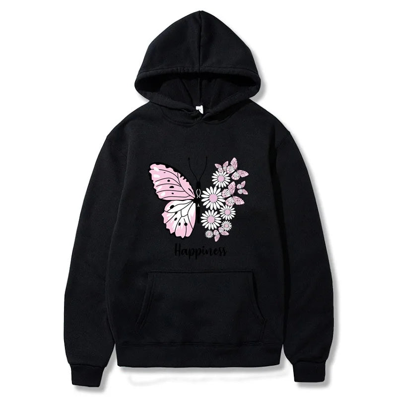 Women's Butterfly Print Hooded Pullover Sweatshirt - Casual, Black, XS-4XL