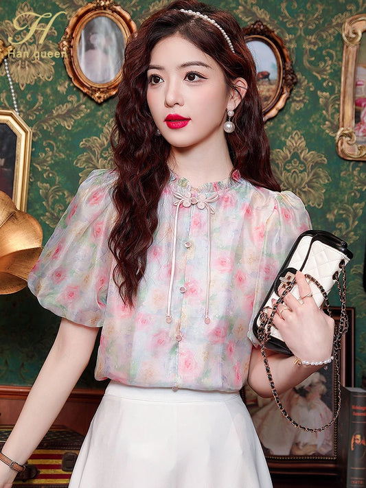 Printed Short Sleeve Blouses – Vintage Chiffon Casual Work Top, Loose and Elegant