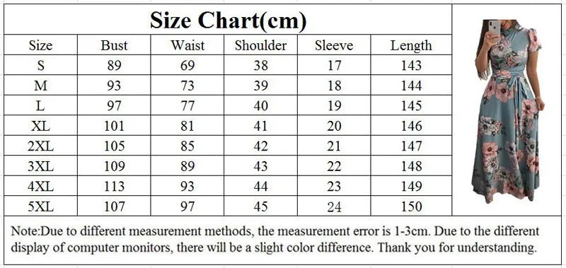 Women's Summer Long Flower Print Dress Casual Short Sleeve High Collar Bandage S-5XL
