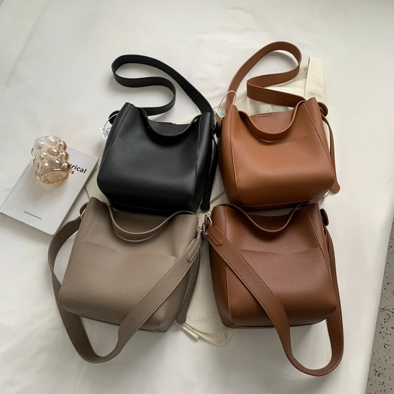 Wide Strap Leather Handbag - Women's Soft Casual Bucket Tote, Large Capacity & Multi-Function