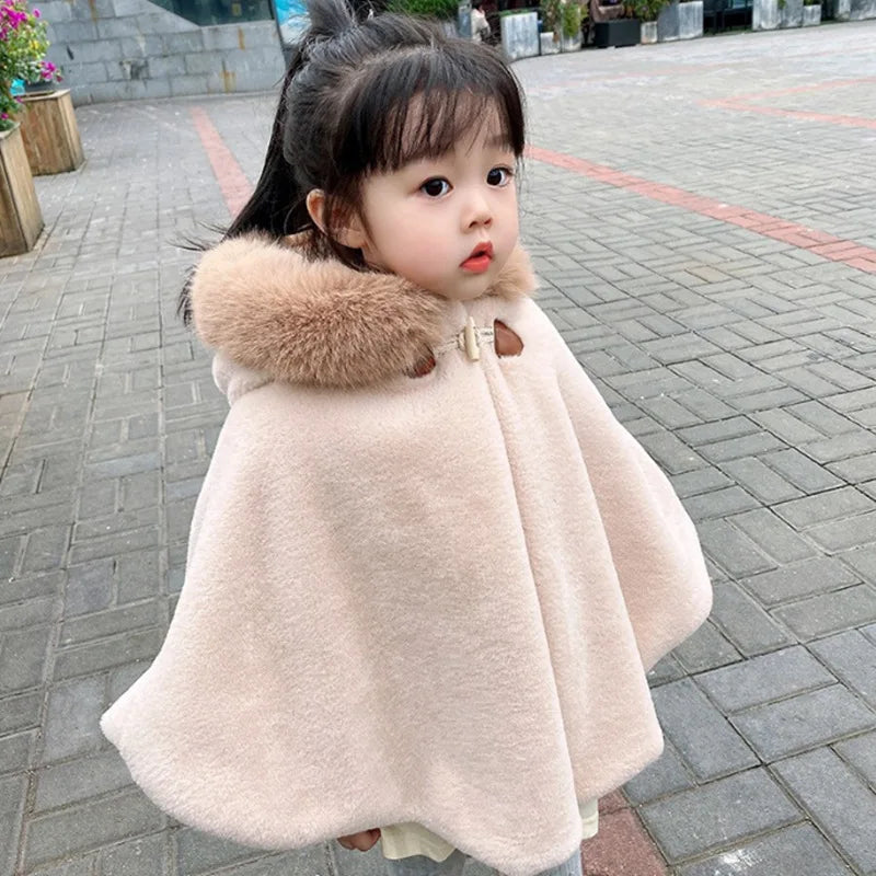 Baby Girl Faux Fur Hooded Cloak - Winter Princess Cape for 1-7 Years