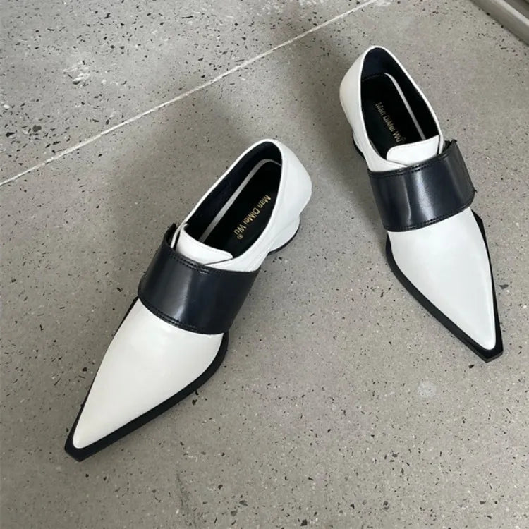 Women's Retro PU Leather Chain Pumps – Pointed Toe, Thick Heels Office Shoes