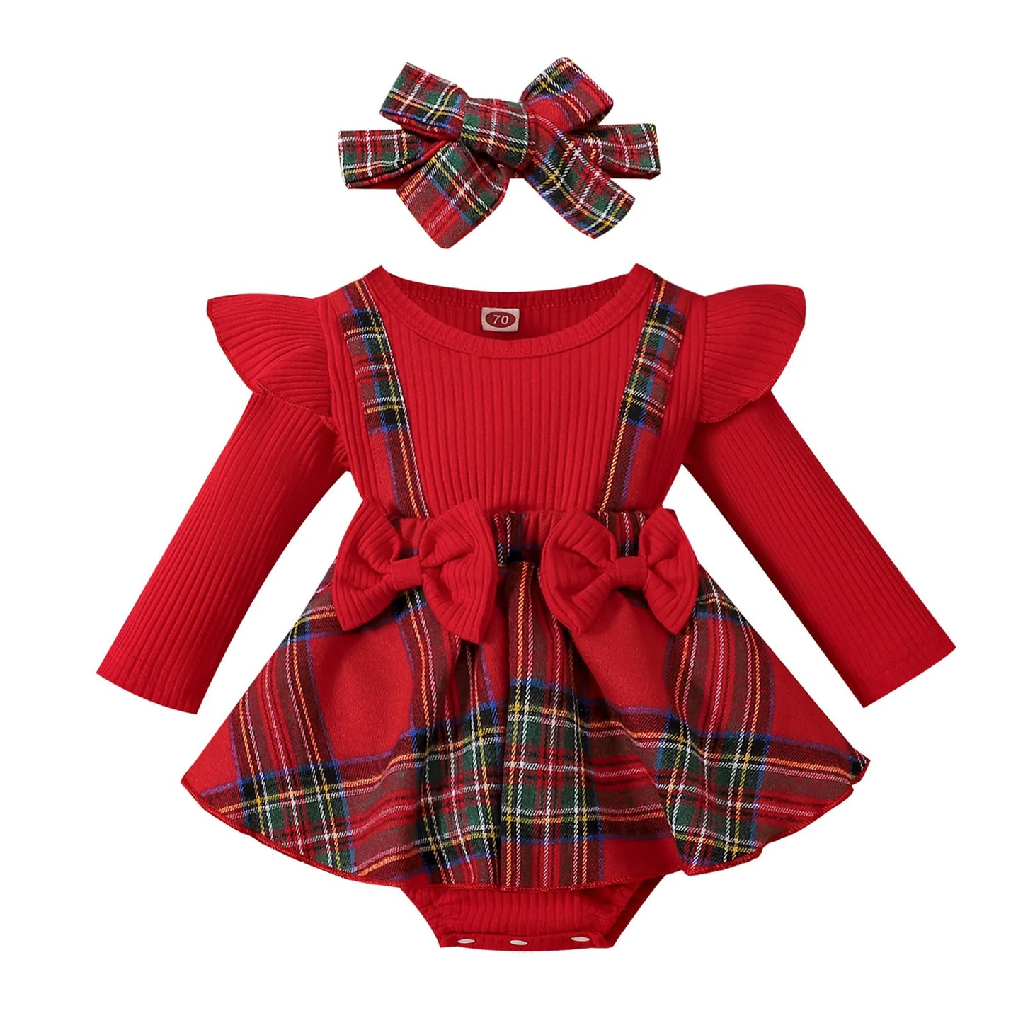 Infant Girls Plaid Romper & Headband Set – Long Sleeve Bodysuit