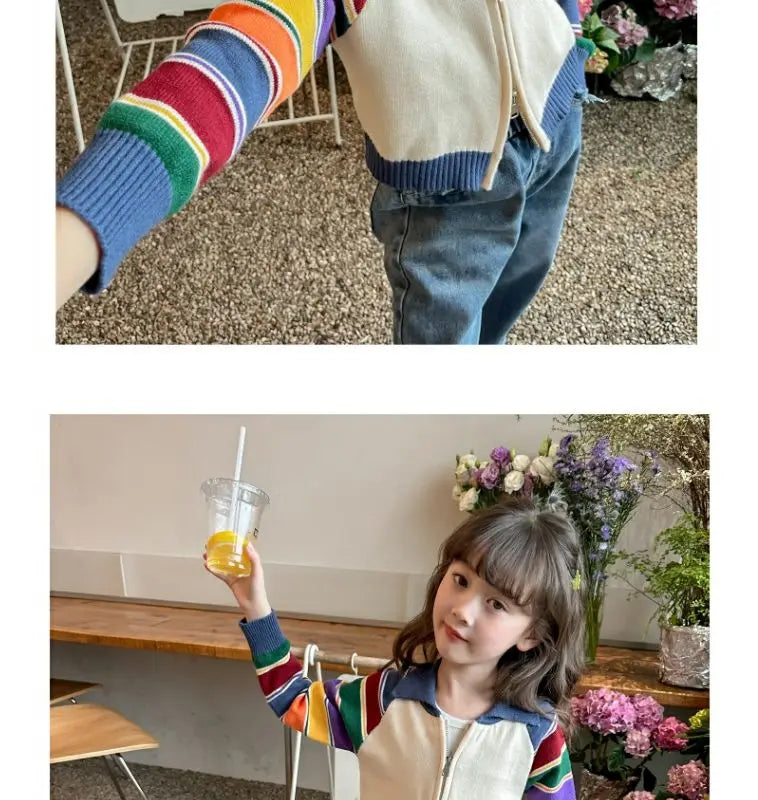 Korean Girls' Cardigan: Patchwork Long Sleeve Sweater (Autumn/Winter)