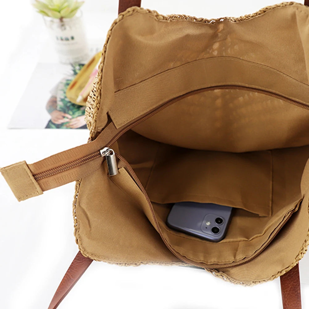 Summer Straw Woven Shoulder Bag: Vacation Tote for Travel and Shopping