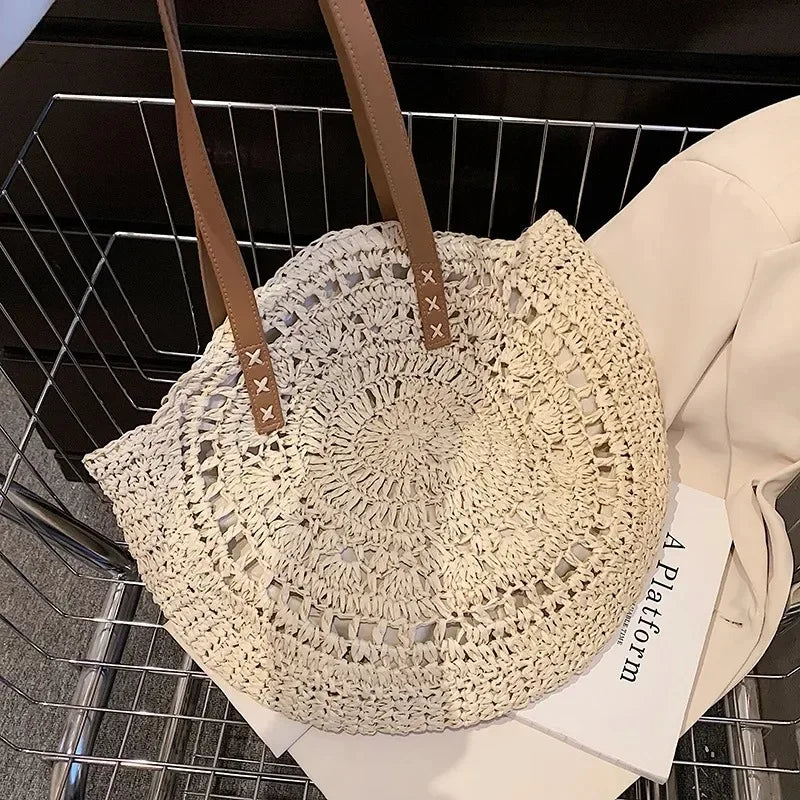 Vintage Round Straw Beach Bag – Handmade Rattan Shoulder Bag, Bohemian Summer Casual Style