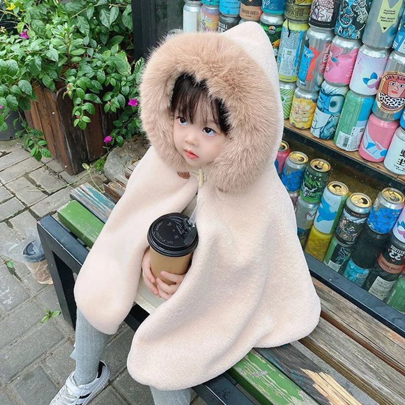 Baby Girl Faux Fur Hooded Cloak - Winter Princess Cape for 1-7 Years