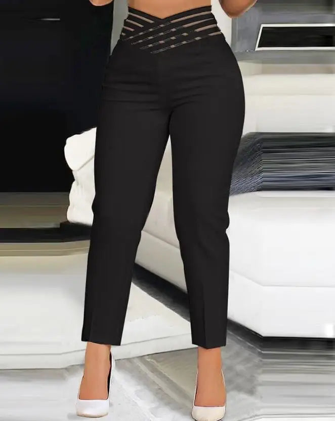 Summer Loose Fit Women's Work Pants - Hollow Out Overlap Waist Spliced Capris