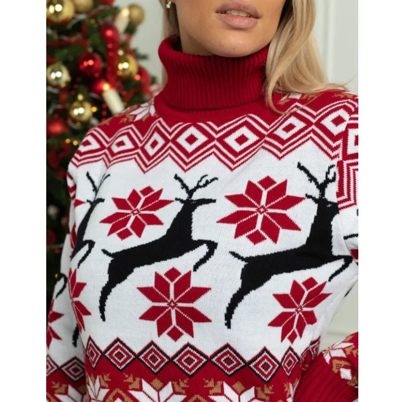 Christmas Reindeer Turtleneck Sweater – Knitted, Long-Sleeved, Couples Jumper, Warm, Thick Winter Sweater