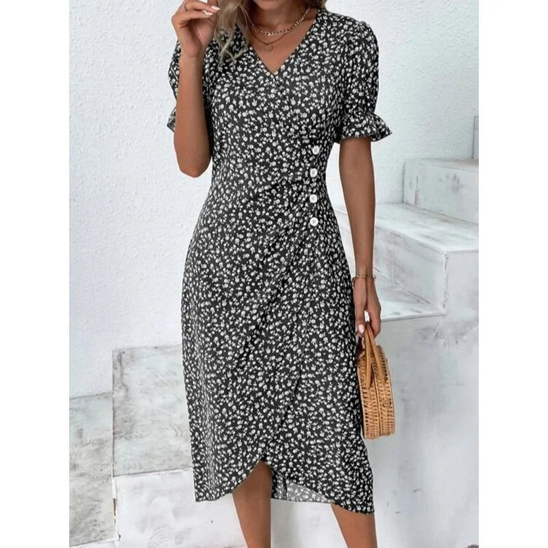 Elegant Floral Pleated Midi Dress - V Neck Puff Sleeve Summer Dress