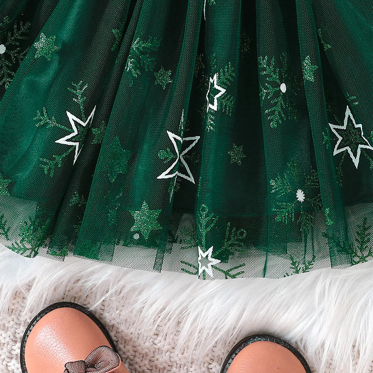 New Autumn/Winter Christmas Dress – Bubble Sleeve Splicing Mesh Dress for Girls