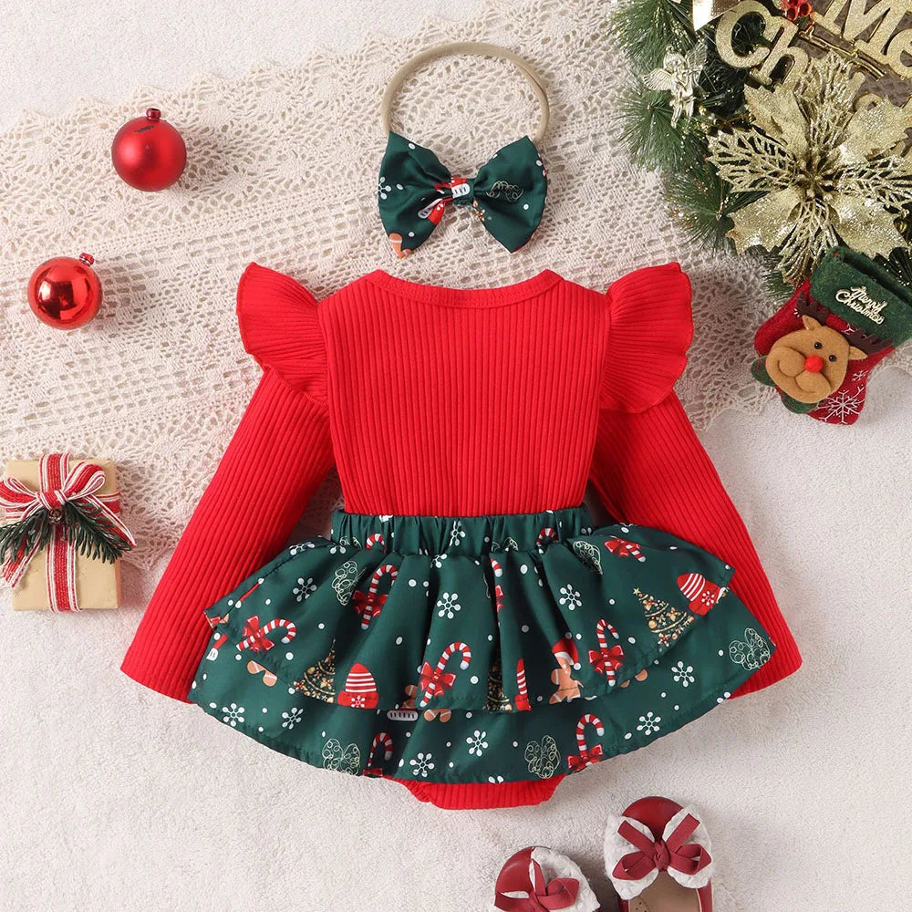 Christmas Bodysuit & Skirt Set for Baby Girls – Snowflake Print with Headwear