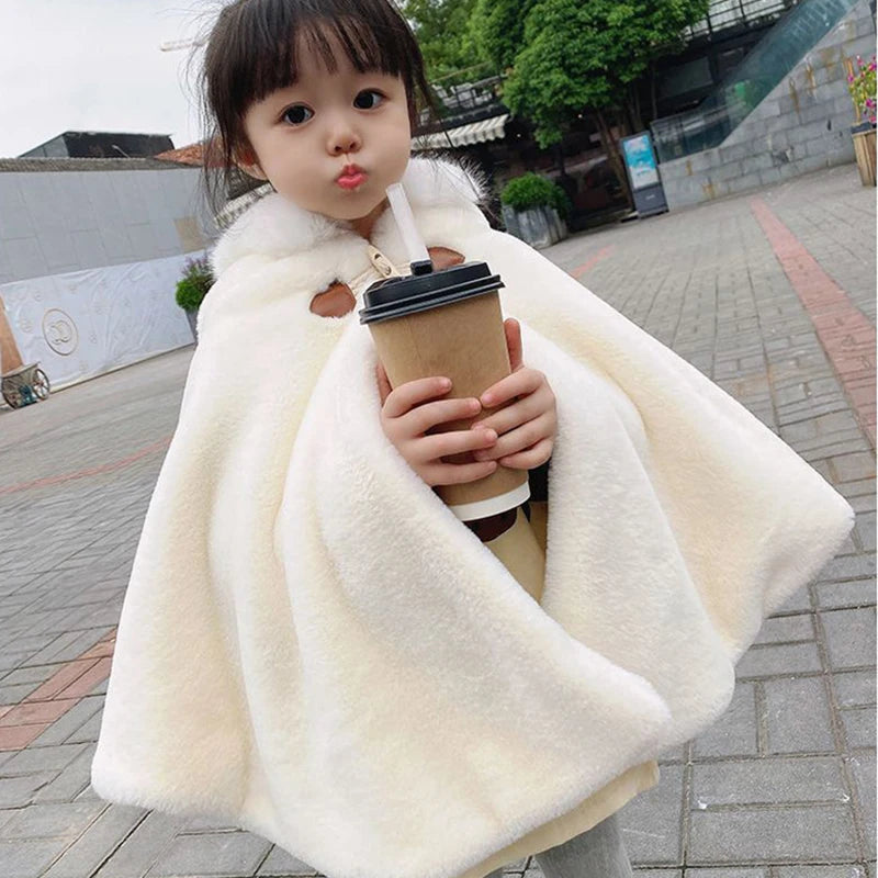 Baby Girl Faux Fur Hooded Cloak - Winter Princess Cape for 1-7 Years