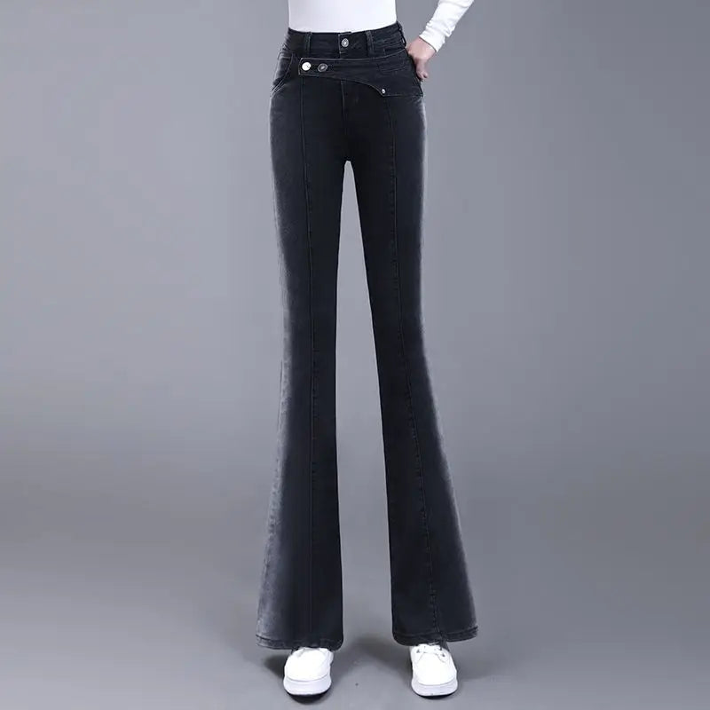 Vintage Gradient Black Slim Flare Jeans – High Waist, Casual.