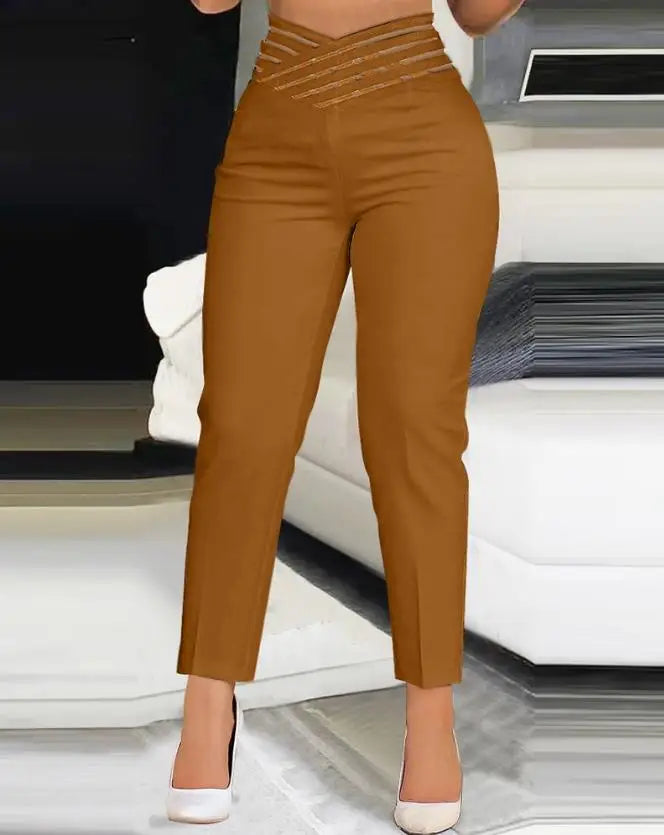 Summer Loose Fit Women's Work Pants - Hollow Out Overlap Waist Spliced Capris