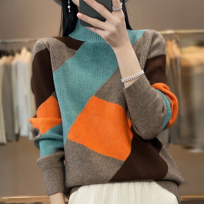 Autumn/Winter Women's Cashmere Patchwork Pullover Sweater