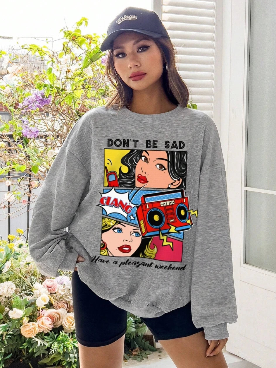Women's Cartoon Print Crewneck Sweatshirt – Casual Loose Fleece