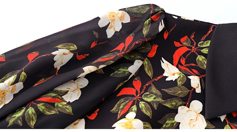 Women's Black Floral Print A-Line Dress - Autumn 2024 Elegant Chiffon Long Sleeve