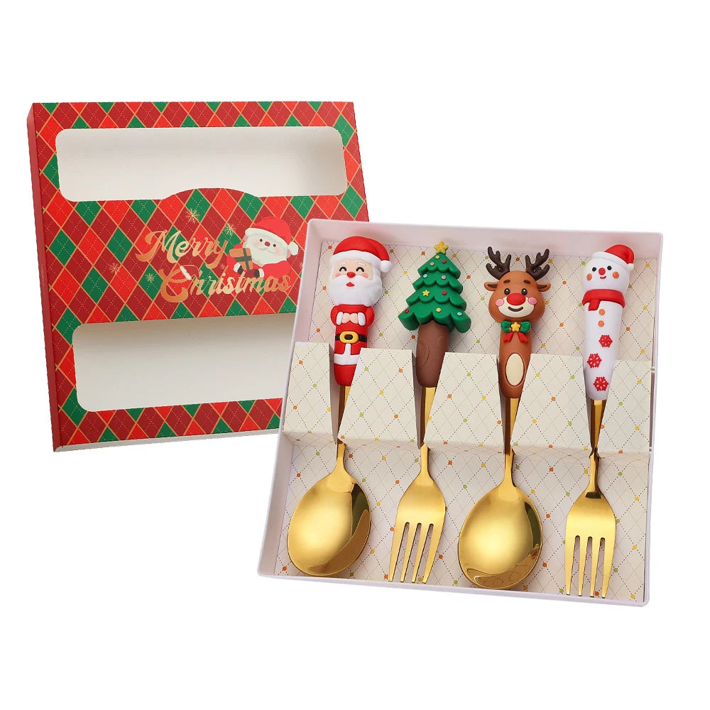 2/4Pcs Christmas Stainless Steel Dinnerware Set – Luxury Gift Box, Santa Cutlery