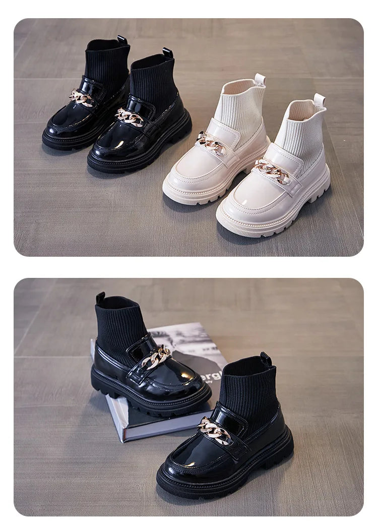 Girls' Leather Princess Boots with Metal Chains & Woven Stitching