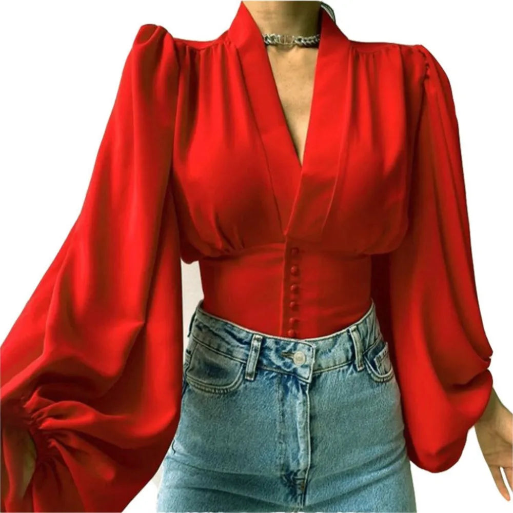 Women’s V-Neck Lantern Sleeve Printed Shirt - 2024 latest collection