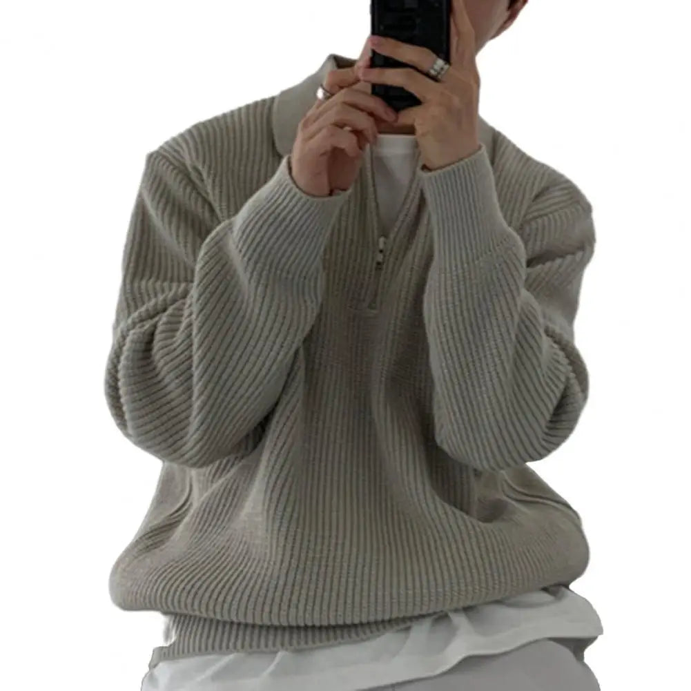 Men's Lapel Sweater – Knitted Zipper Pullover, Soft, Warm, Mid-Length, Lightweight Casual Fall/Winter Wear